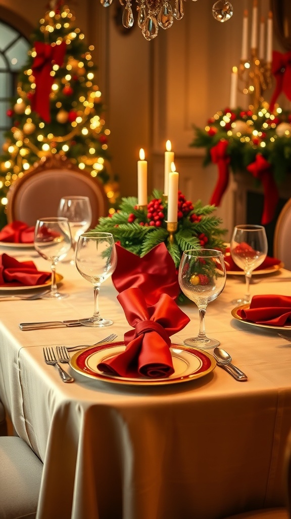 Elegant Christmas Table Decorations with Linen An elegant Christmas table setting with red linen, candles, and festive decor.